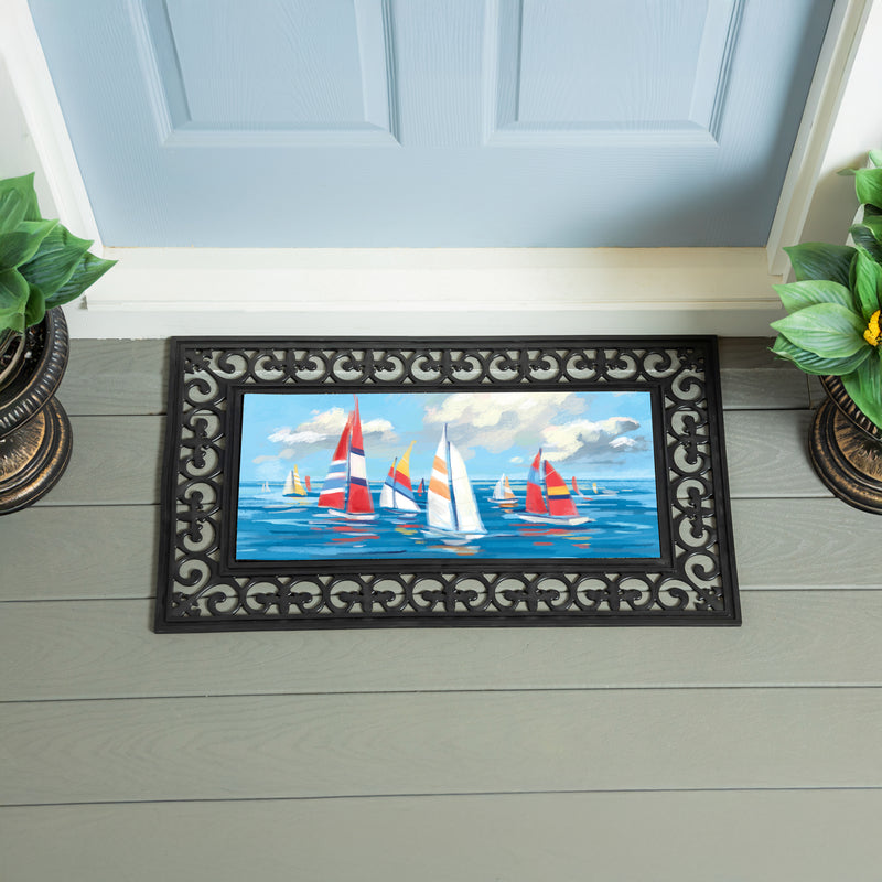 Blue Coastal Sailboats Flocked Coir Sassafras Switch Mat, Landscape, 22"x10"