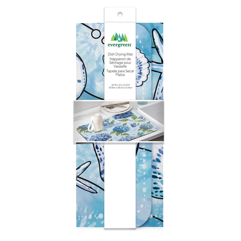 Blue Coastal Shells Drying Mat, Sea Illustration, 20"x15"