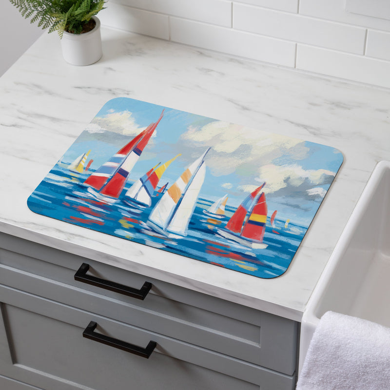 Blue Coastal Sailboats Drying Mat, 20"x15"