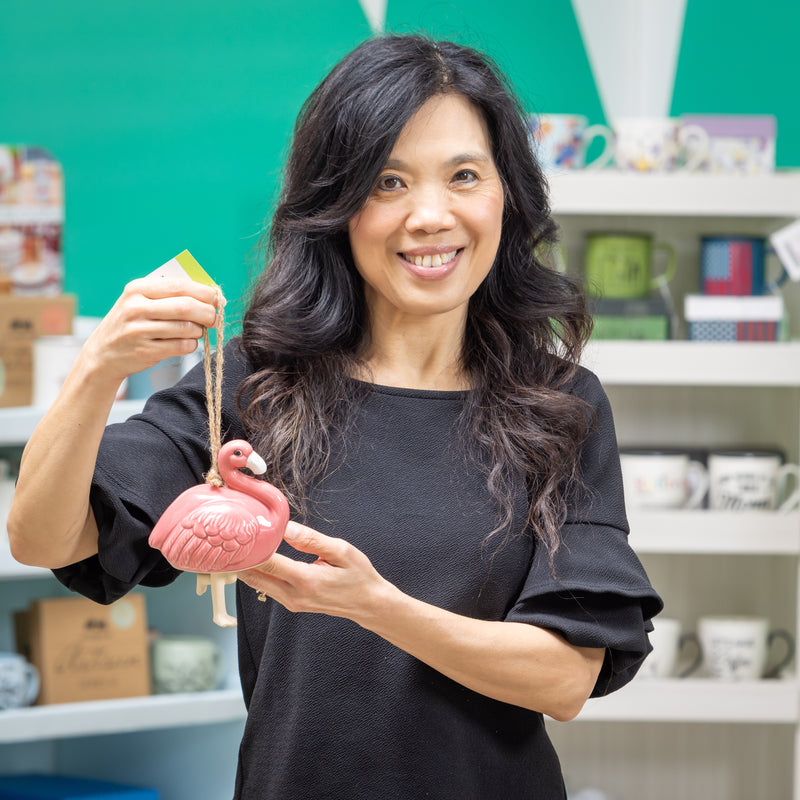 Palm Beach Garden Bell, Ceramic, Flamingo with Palm Tree Dangle, 8.5"