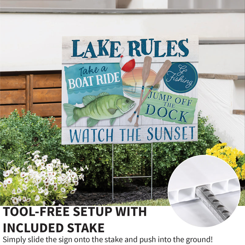 Blue Coastal Yard Sign, "Lake Rules", 24"x18"
