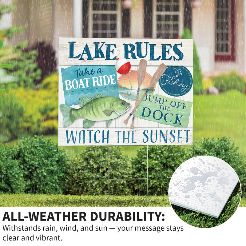 Blue Coastal Yard Sign, "Lake Rules", 24"x18"