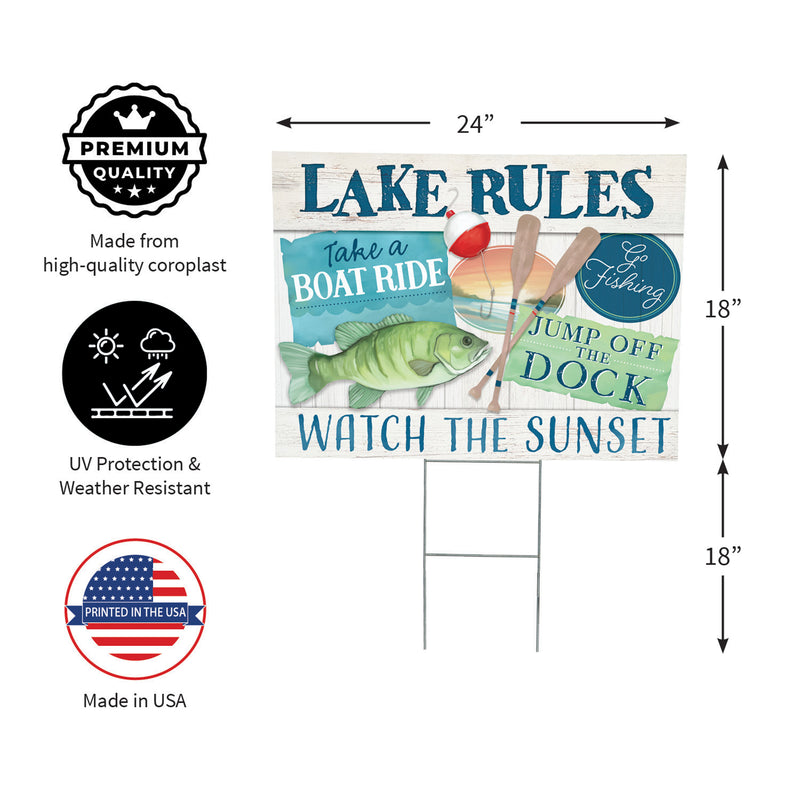 Blue Coastal Yard Sign, "Lake Rules", 24"x18"