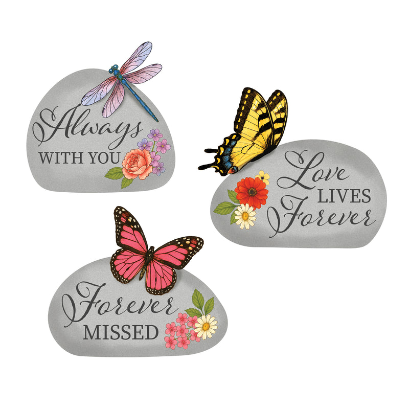 Memorial Garden Stone, Butterfly and Dragonfly Tiding Stone, Asst of 3