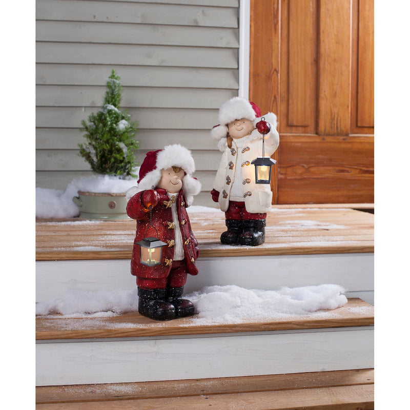 Evergreen Statuary,Children with Solar Lanterns Figurines, Set of 2,10.75x7x19.75 Inches