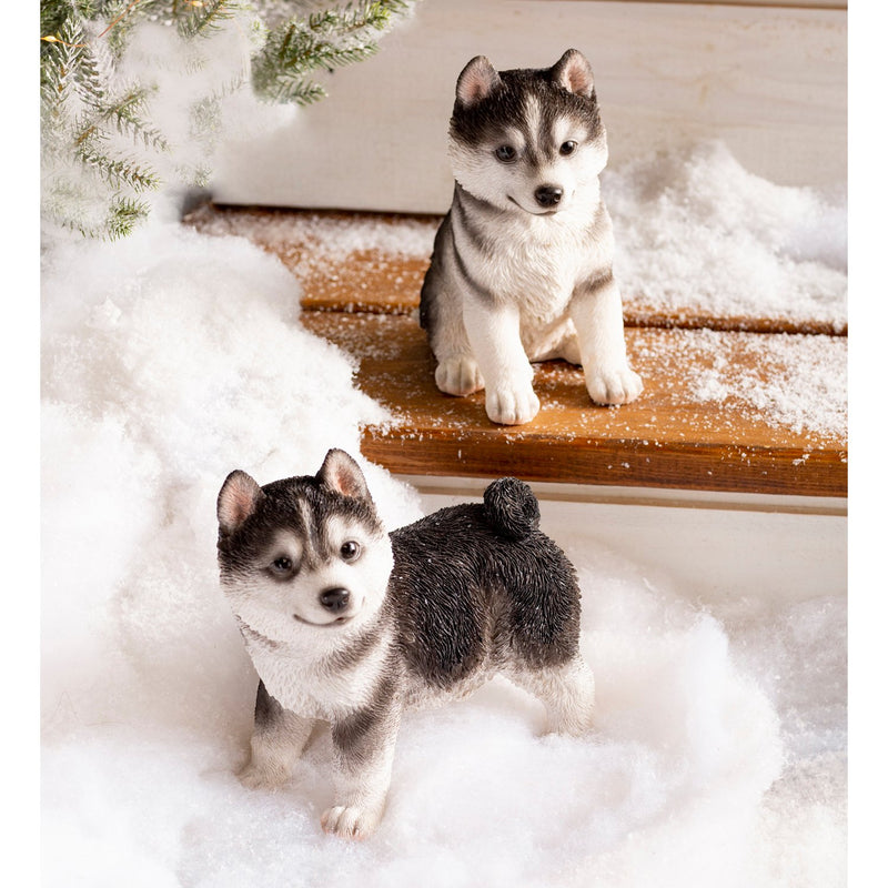 Evergreen Statuary,Lifelike Indoor/Outdoor Siberian Husky Puppy Statues, Set of 2,7.5x7x4 Inches