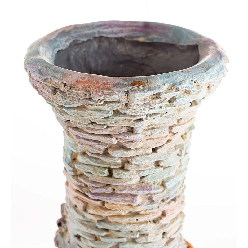 Stacked Faux Rock Non-Watertight Vase with Base and Floral Rope Accent