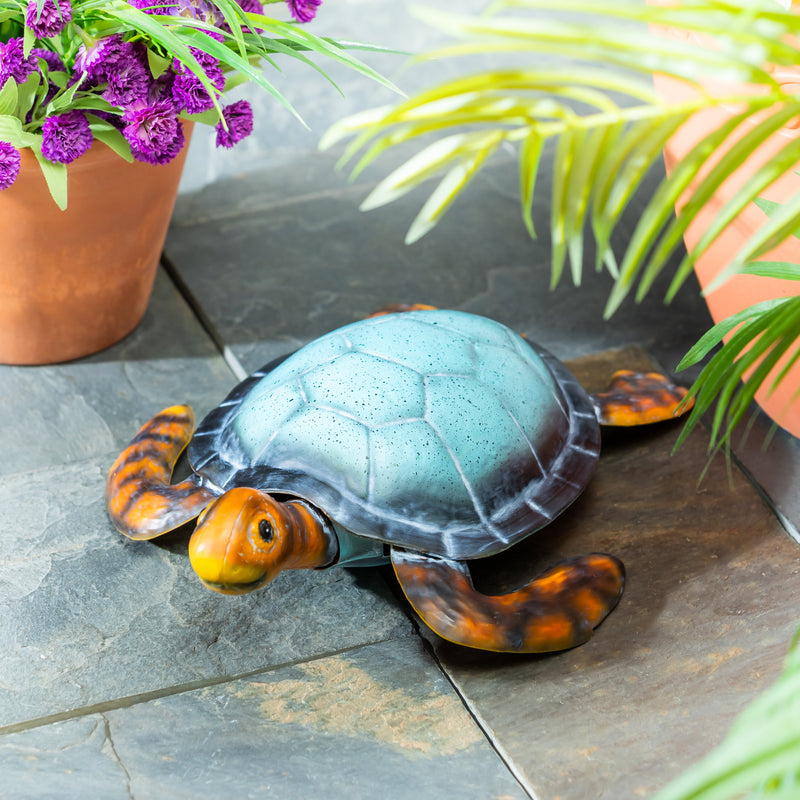 Blue Coastal Garden Statue, Metal Vivid Sea Turtle Garden Statue, 4"H