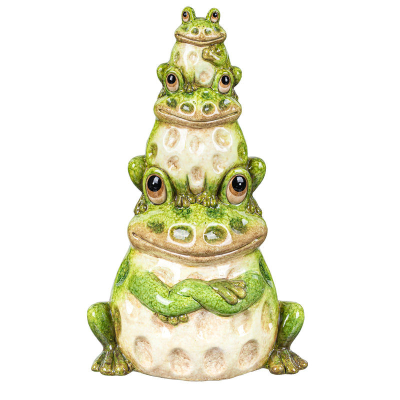 Pollinator Garden Statue, Ceramic Stacked Frog Statue, 10.5"H