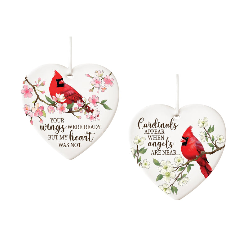 Memorial Hanging Decor Ceramic Heart Shaped Cardinal, 3.5", Asst of 2