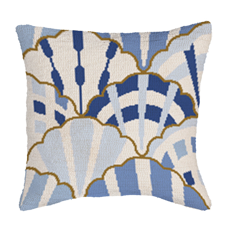 Blue Coastal Shells Pattern Indoor/Outdoor Hooked Pillow 18"x18"