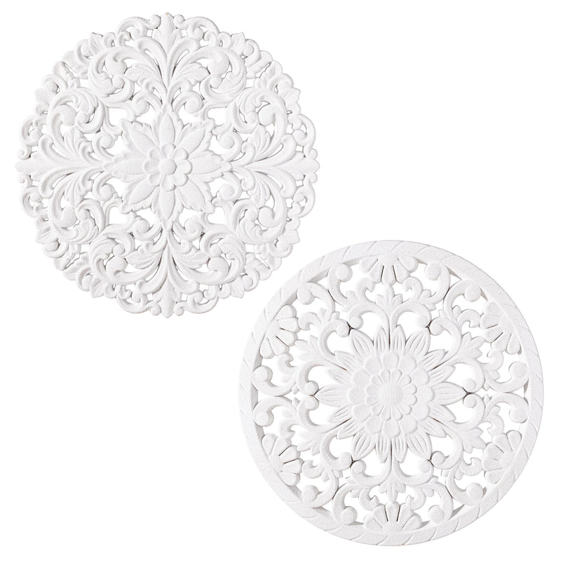 Blue Coastal Indoor Wall Decor, Wood, White Patterned Round Wall Art, Asst of 2