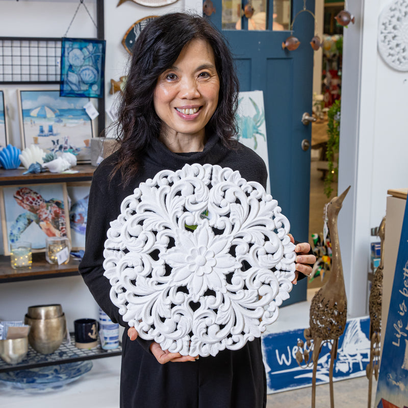 Blue Coastal Indoor Wall Decor, Wood, White Patterned Round Wall Art, Asst of 2