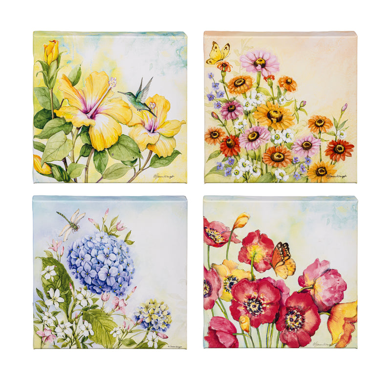 Pollinator Garden Indoor Wall Decor, Textile, Floral Canvas, 8" L x 8" H, Asst of 4