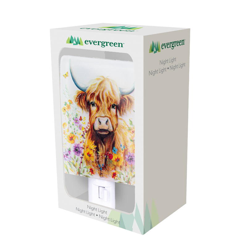 Petal & Plow Nightlight Glass Square Floral Highland Cow, 5.25"H