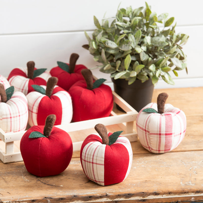 Fabric Apple Table Decor, 3 Asst, 3 of each, 9 Pieces Total in Wooden Tray