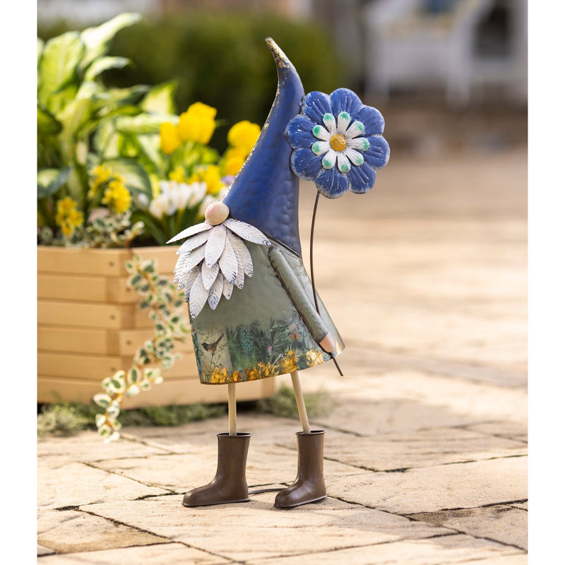 Metal Gnome Statue Holding Blue Flower,phc020