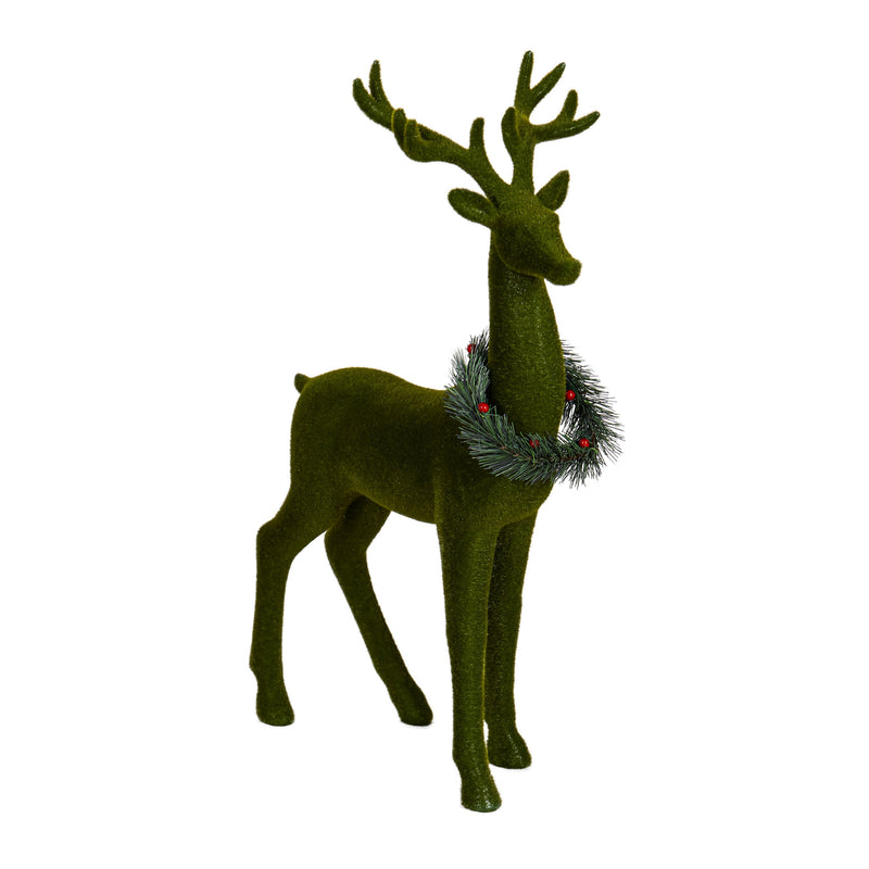 21.65" Flocked Standing Deer with Wreath Statuary, Green,phc337