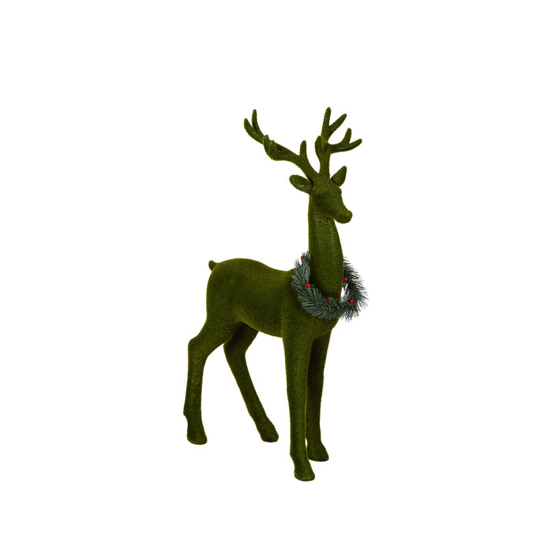 32" Flocked Standing Deer with Wreath Statuary, Green,phc342