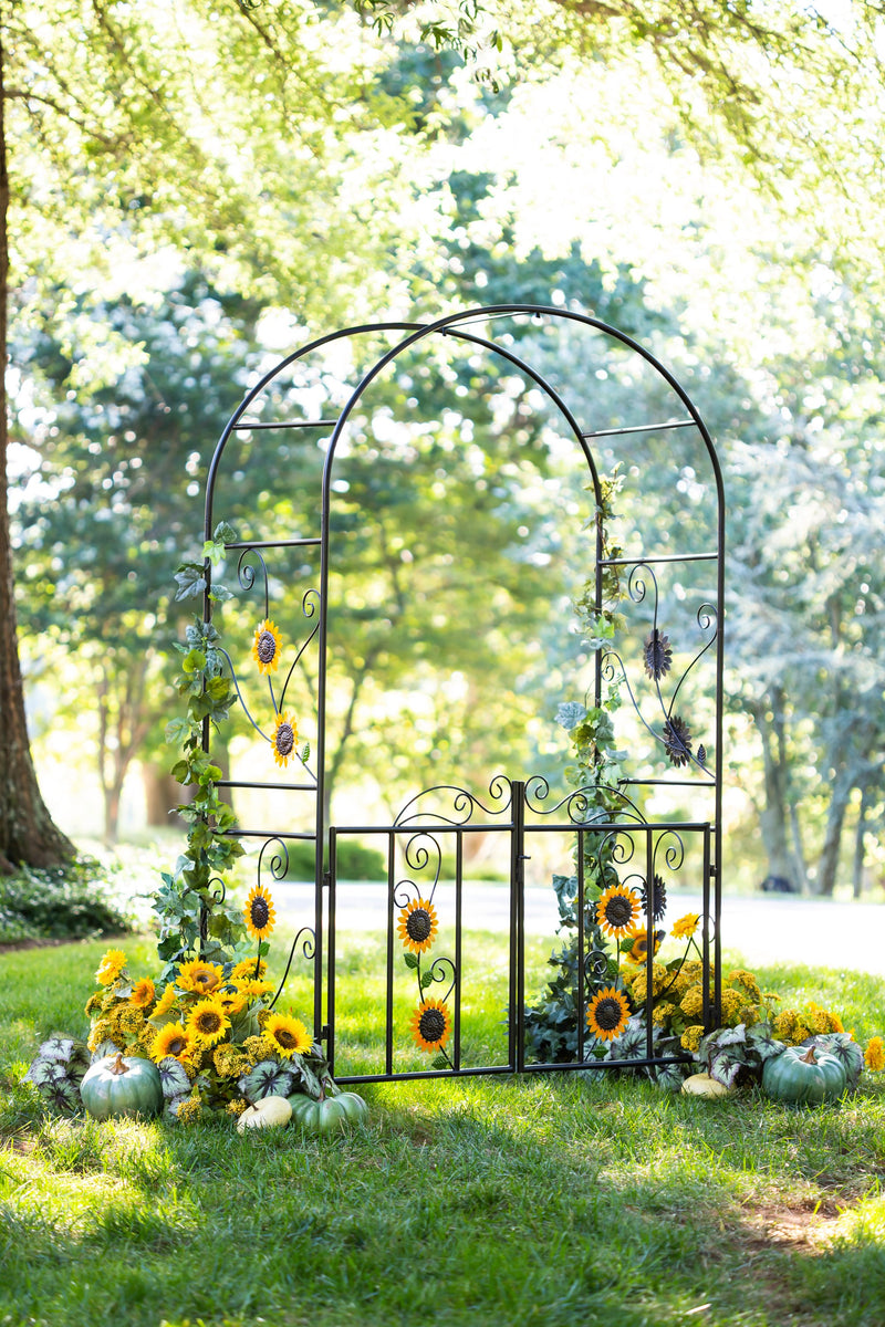 Evergreen Landscaping Details,Metal Sunflower Garden Arbor with Gate,22.75x53x84 Inches