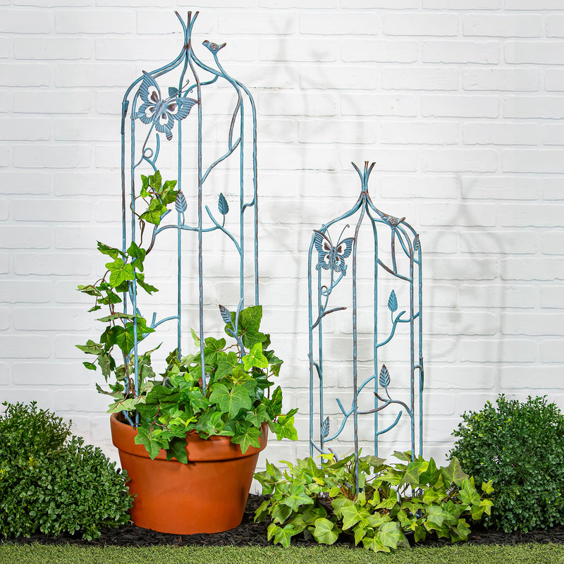 Set of 2 Metal Butterfly Obelisk with Verdigris Finishing