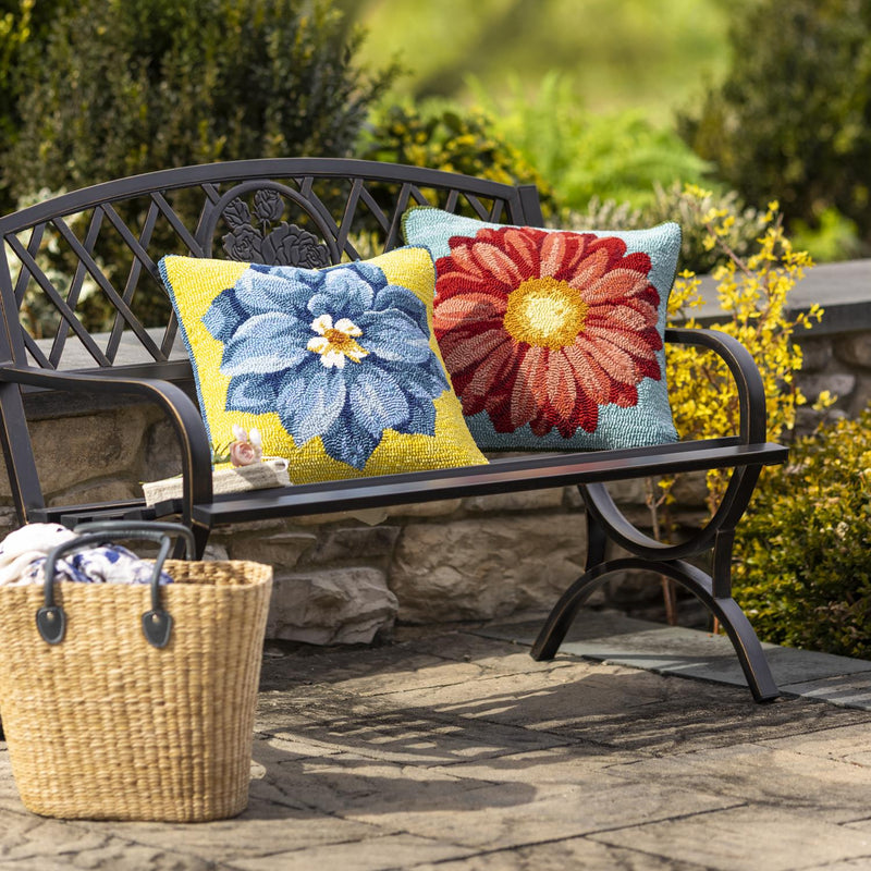 Indoor Outdoor Hooked Pillow Blue Flower 18"x18"