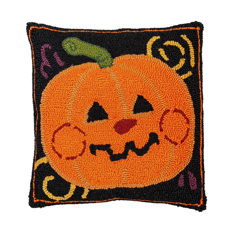 Indoor/Outdoor Jack-O-Lantern Pumpkin Hooked Polypropylene Throw Pillow 18"x18"