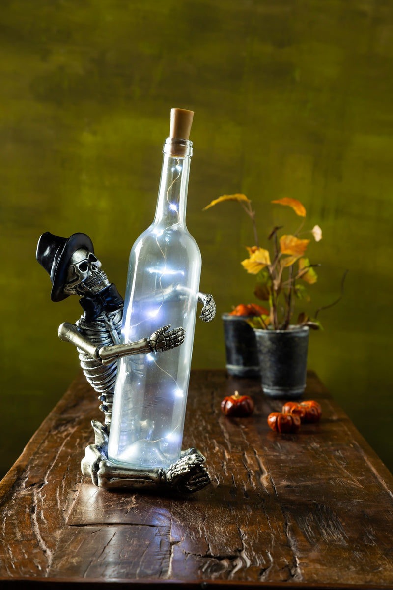 6.5" Lighted Resin Skeleton Carrying Wine Bottle Table Top,phl352