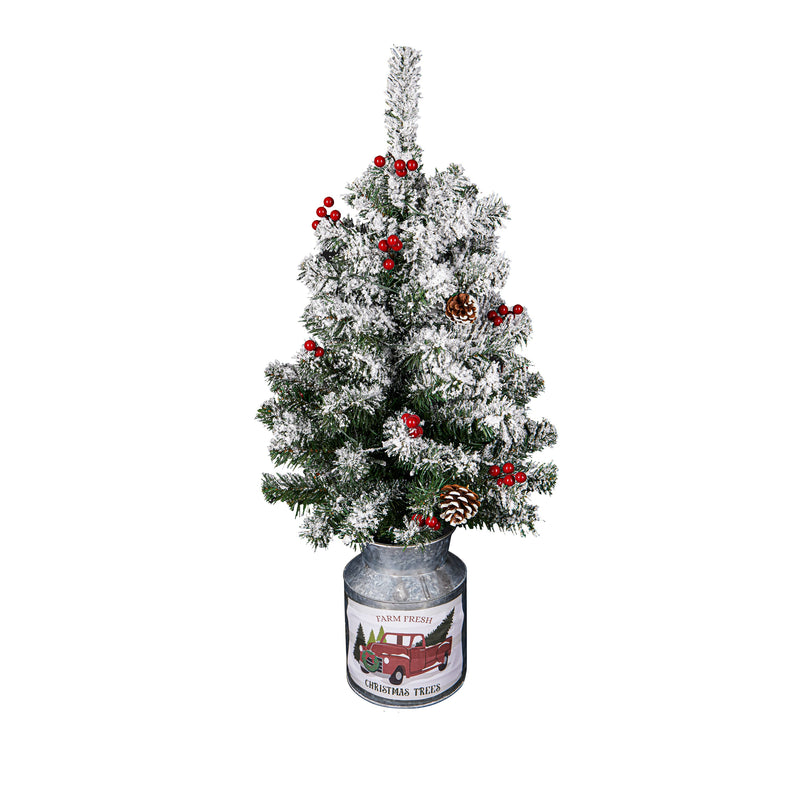 3 Lighted Tree with Red Berries Lights in Galvanized Bucket,phl457