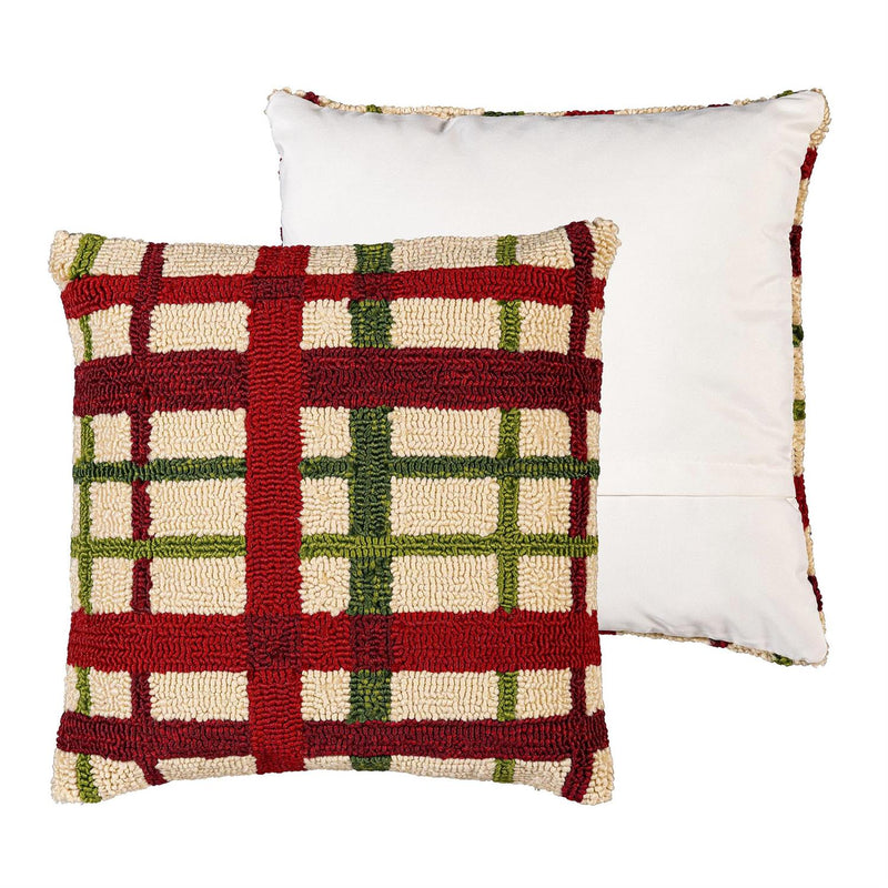 Indoor/Outdoor Hooked Pillow, Polypropylene, Christmas Plaid, 18"x18"