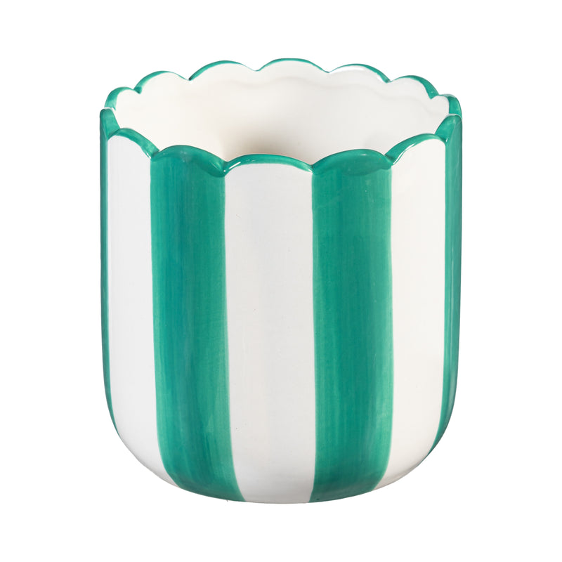 Palm Beach Planter, Ceramic Scalloped Green and White Stripe