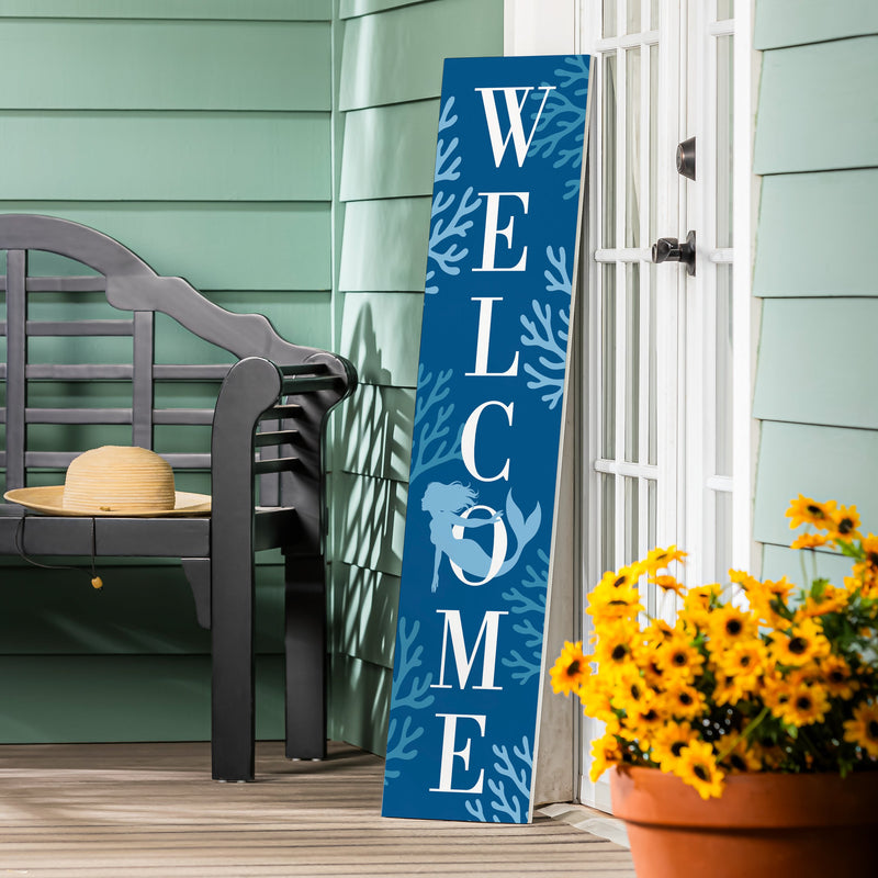 Blue Coastal Coral Sea Porch Leaner, Mermaid "Welcome", 46"H