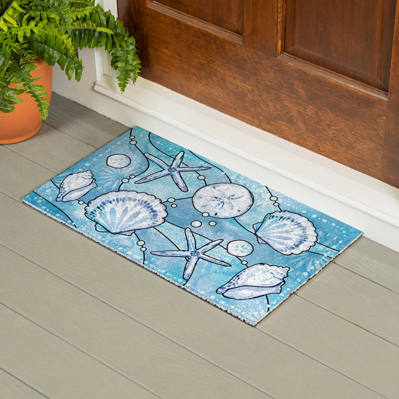 Blue Coastal Shells PVC Trapper Mat, Sea Illustration, 28"x16"