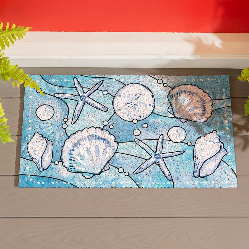 Blue Coastal Shells PVC Trapper Mat, Sea Illustration, 28"x16"