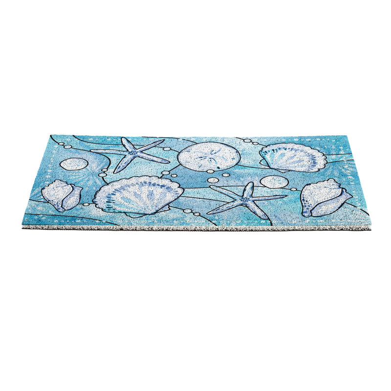 Blue Coastal Shells PVC Trapper Mat, Sea Illustration, 28"x16"