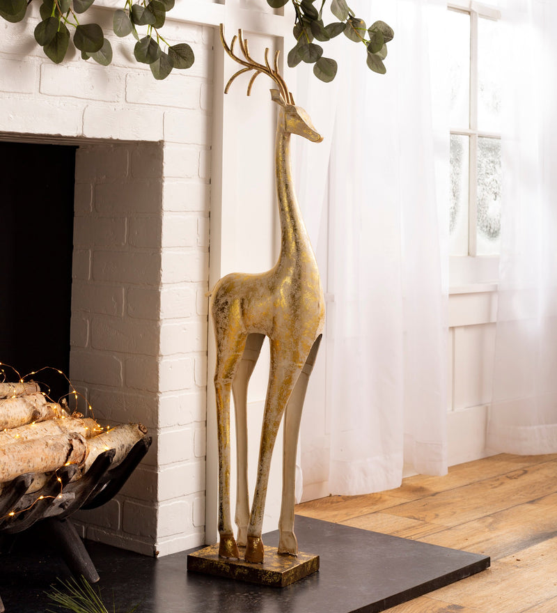 Evergreen Statuary,Gold and White Painted Iron Standing Tall Deer Statue,7x5.25x39.75 Inches