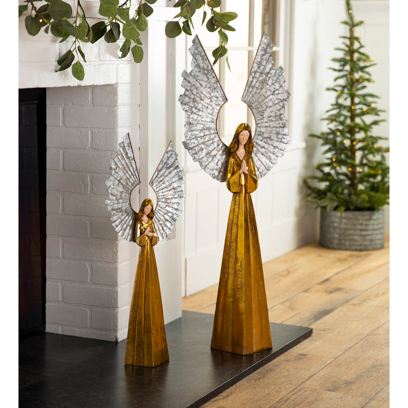 Evergreen Garden Accents,Large Golden Angel with Raised Metal Wings and Praying Hands,13.78x7.48x36.42 Inches