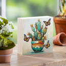 Southwest Pueblo Wood Sign Plock, Painted Cactus and Butterfly, 6"x6"