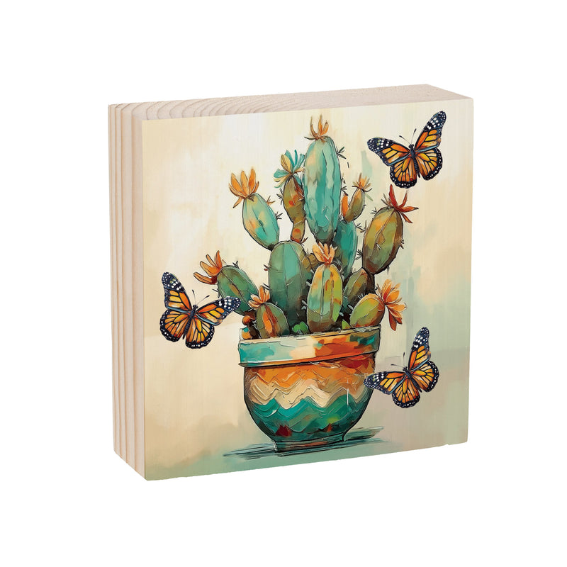 Southwest Pueblo Wood Sign Plock, Painted Cactus and Butterfly, 6"x6"