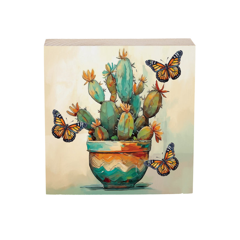Southwest Pueblo Wood Sign Plock, Painted Cactus and Butterfly, 6"x6"