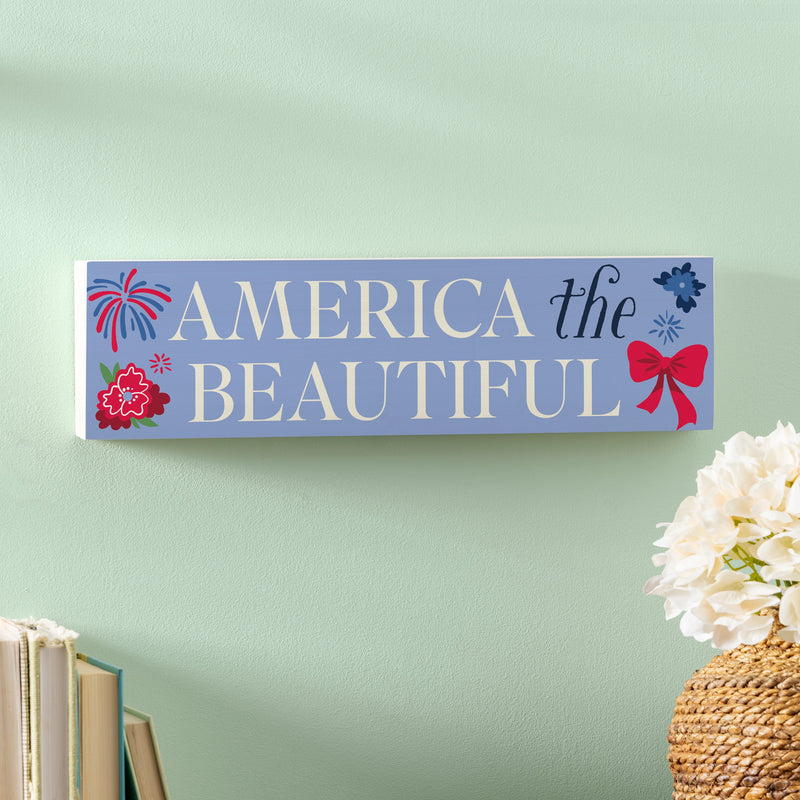 American Classic Red White & Bows Wood Mantle Sign, "America The Beautiful", 18"x5"