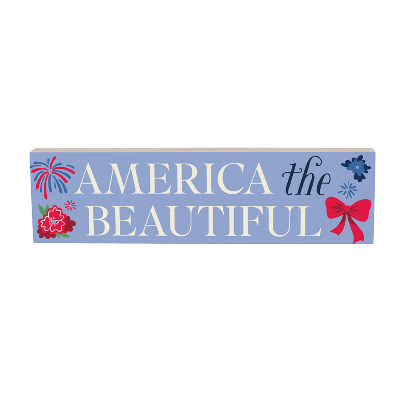 American Classic Red White & Bows Wood Mantle Sign, "America The Beautiful", 18"x5"
