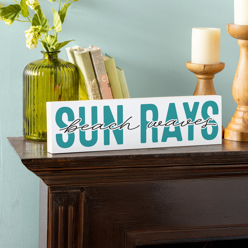 Blue Coastal Make Waves Wood Mantle Sign, "Sun Rays Beach Waves", 18"x5"