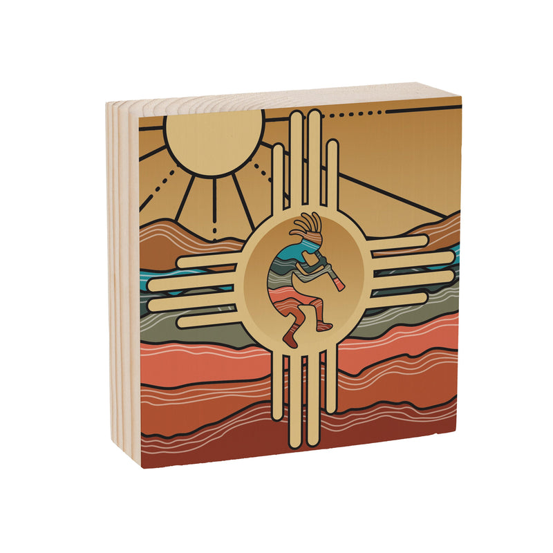 Southwest Sunrise Wood Sign Plock, Kokopelli Zia, 6"x6"