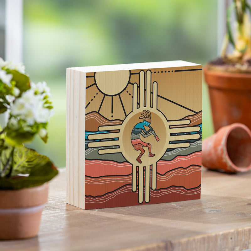 Southwest Sunrise Wood Sign Plock, Kokopelli Zia, 6"x6"