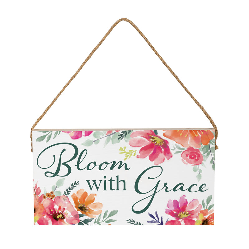 Pastels of Nature Wood Hanging Sign w/ Rope, "Bloom With Grace", 11"x6"