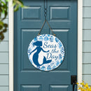 Blue Coastal Coral Sea Wood Door Decor, Mermaid "Seas The Day", 18"