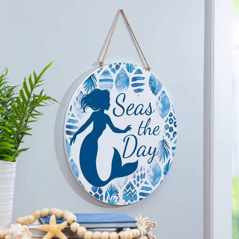 Blue Coastal Coral Sea Wood Door Decor, Mermaid "Seas The Day", 18"