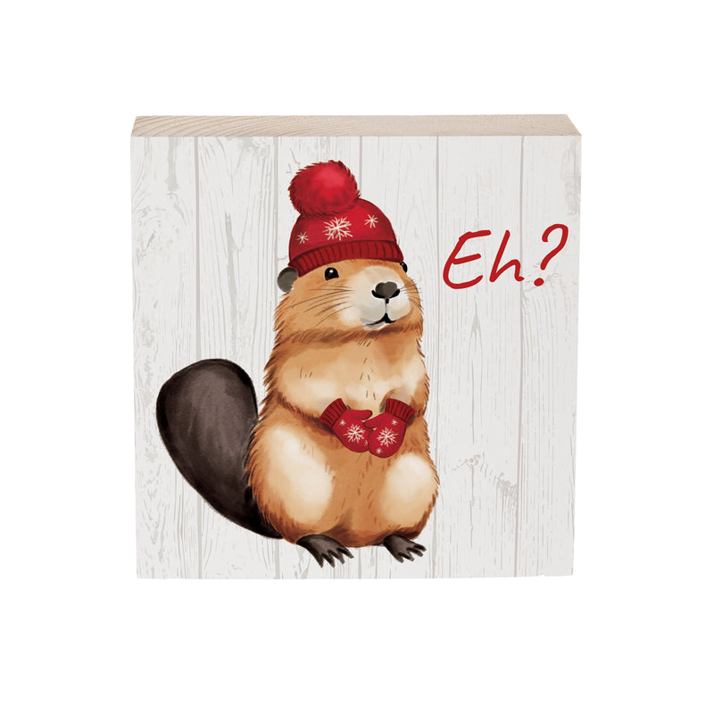 Canada Strong Vintage Wood Sign Plock, Beaver "Eh?", 6"x6"
