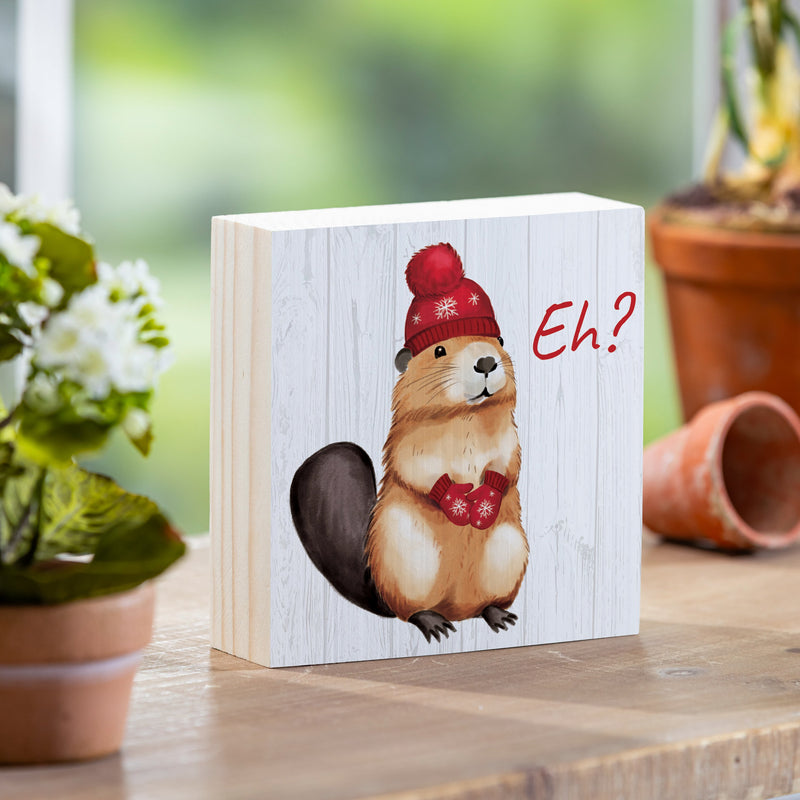 Canada Strong Vintage Wood Sign Plock, Beaver "Eh?", 6"x6"